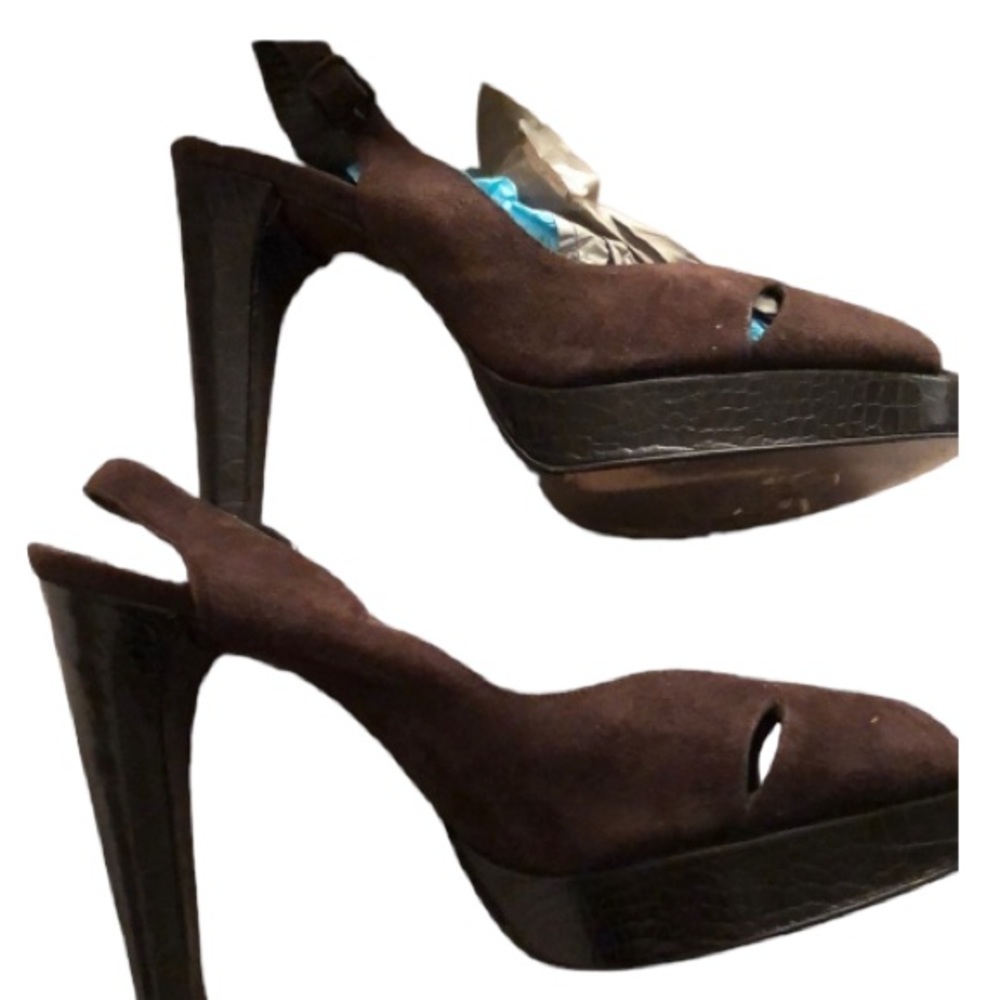Stuart Weitzman size 10 brown suede peep toe platform slingback